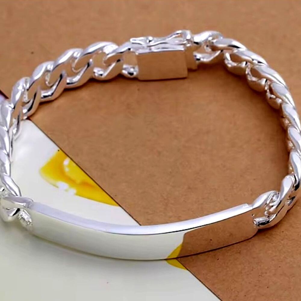 925 Silver Plated Engravable Curb Chain ID Bracelet Minimalist Miami Cuban